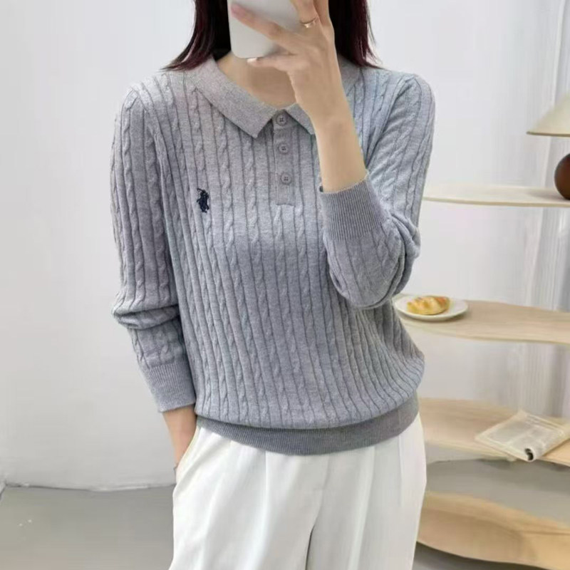 春秋新款宽松通勤风POLO领麻花纹精仿针织衫女长袖套头薄款毛衣