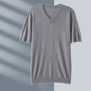 春秋冬男短袖t恤衫毛衣宽松五分袖纯色针织精仿羊毛薄款V领半袖