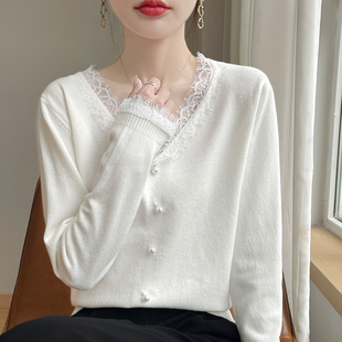 小香风V领蕾丝边薄款羊毛针织衫白色宽松毛衣上衣女春秋冬季内搭