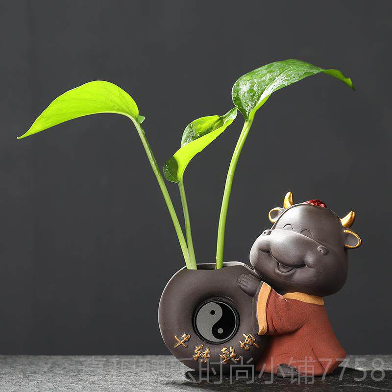高档装宇轩 培创意紫砂水小花器福牛饰花插花瓶家居办公客厅国风