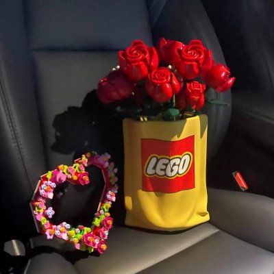 积木lego器玄关花瓶玫瑰花ins花束插花陶瓷客厅褶皱摆件乐餐桌