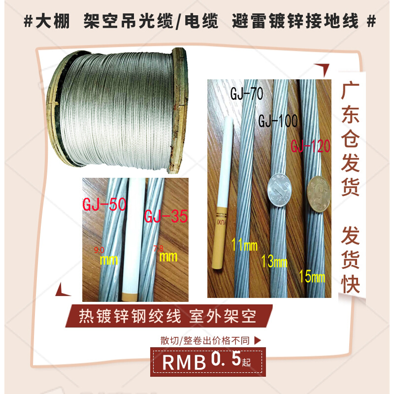 。钢绞线拉线GJ50水产大棚电力杆风缆绳镀锌光伏避雷接地不生锈架