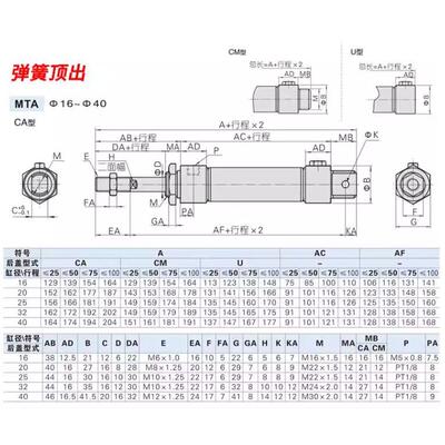单作用迷你弹簧气缸MTA16/20X10X15X25X30X40X50X60X75X80X100SCA