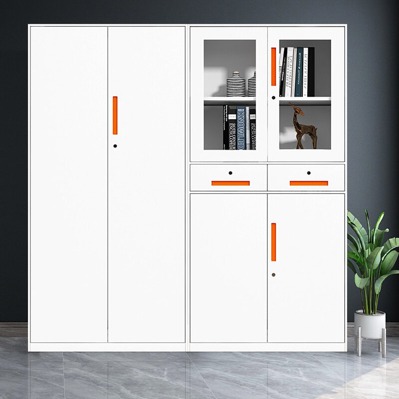 。办公室钢制玻璃门铁皮柜双门储物柜带锁带抽屉资料柜落地档案柜