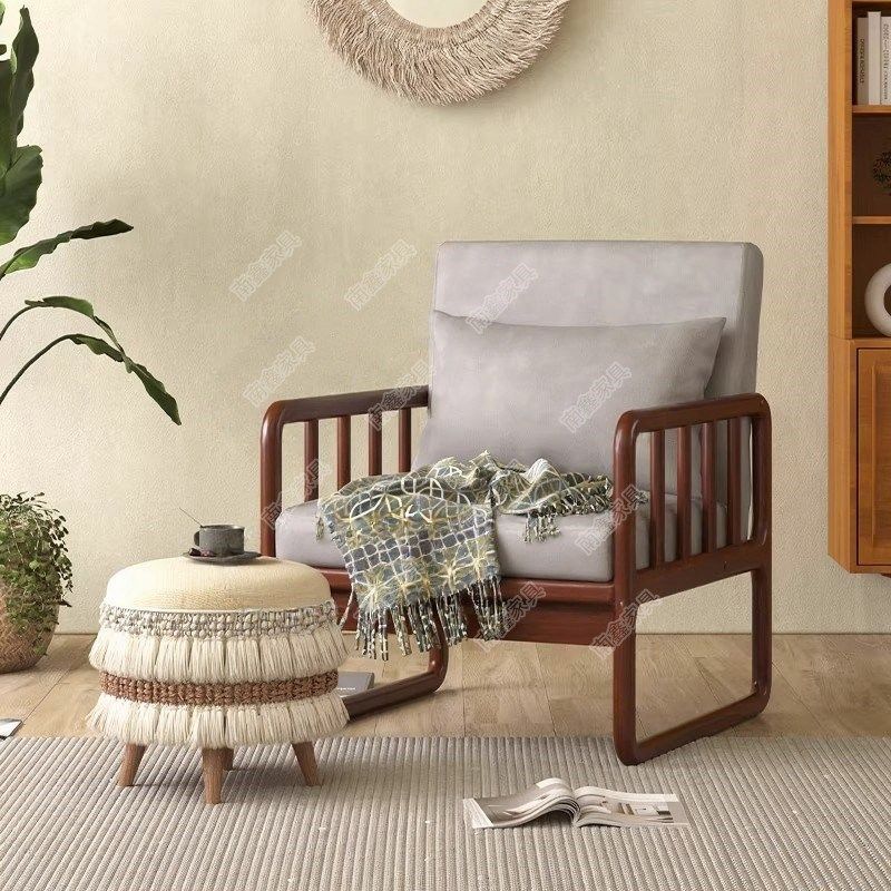 高级感单人沙发椅黑胡桃木老人阳台喝茶轻奢高端新中式客厅休闲椅