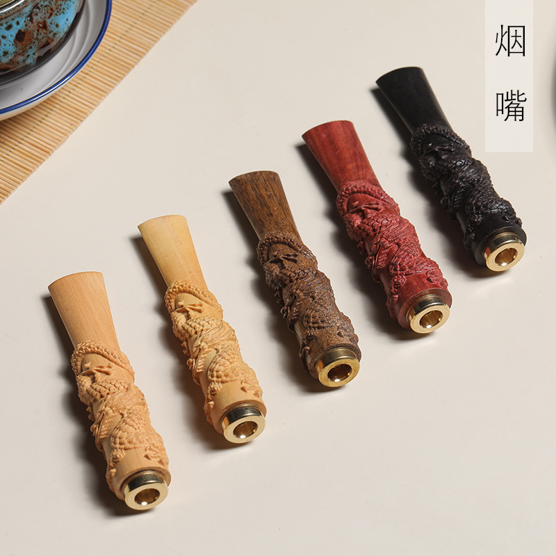 黑檀 黄杨木 非洲紫檀 花梨木雕刻龙腾款小型烟嘴过滤器方便携带