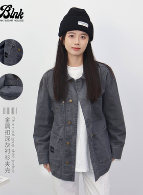【BLNK】工装潮流长袖衬衫夹克潮牌设计感纯棉金属扣秋装衬衫外套