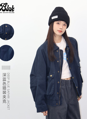【BLNK】美式潮牌复古工装夹克情侣宽松藏蓝色四袋猎装外套