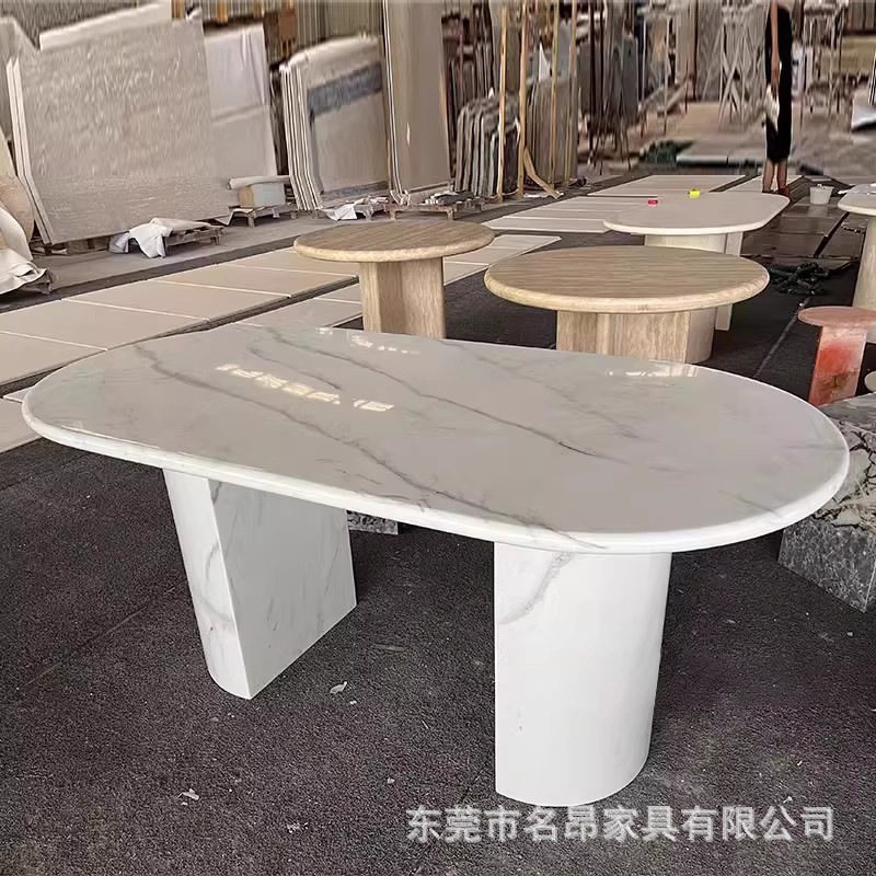 雪花白餐桌简约风格桌子设计师款天然石材别墅餐桌家用奢石吃饭