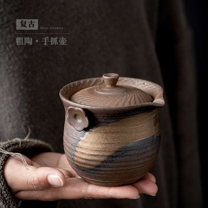 中式粗陶茶壶家用带过滤单壶仿柴烧手抓壶复古泡茶壶普洱泡茶器