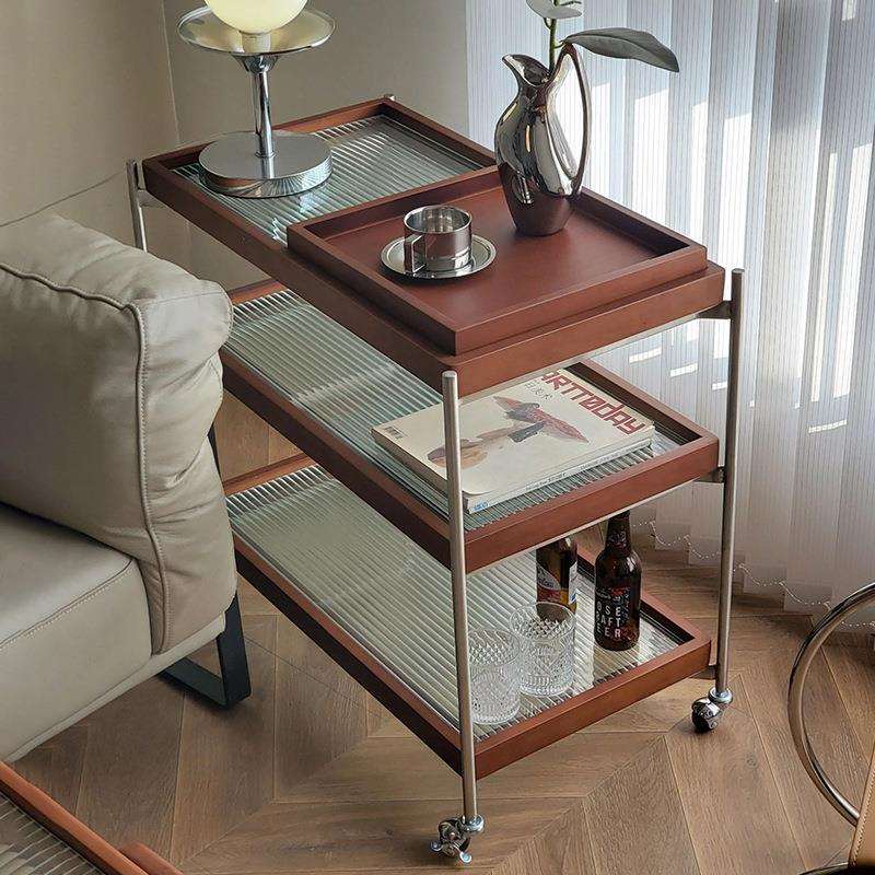 客厅置物架家用侧柜茶几边几风可移动餐车玻璃沙发滑轮法式复古无