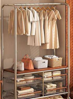 中古风卧室落地挂衣架家用复古客厅衣帽架可移动床边晚上放衣