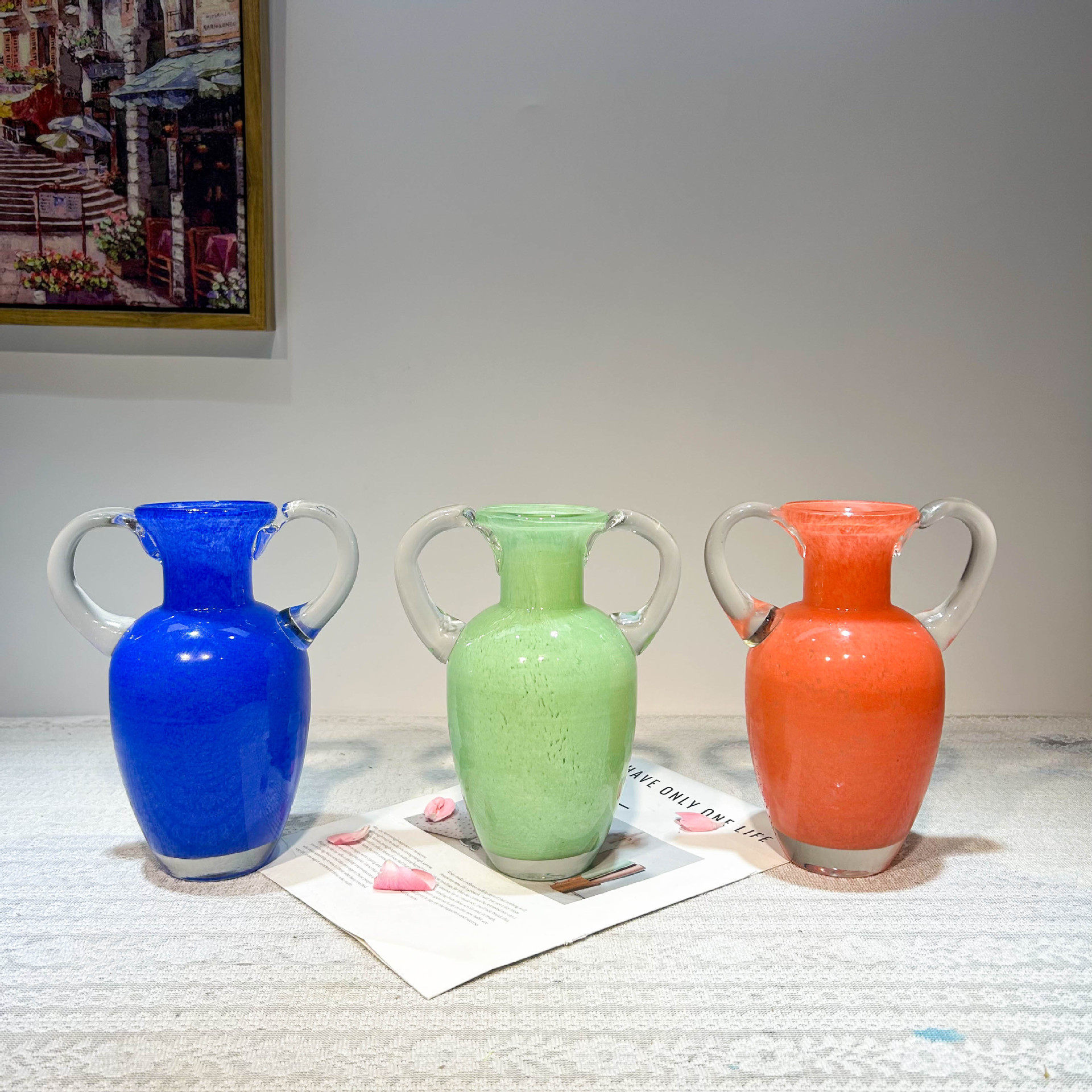 中古风手工琉璃彩色芬顿花瓶家居餐桌插花创意摆件样板间高级装饰