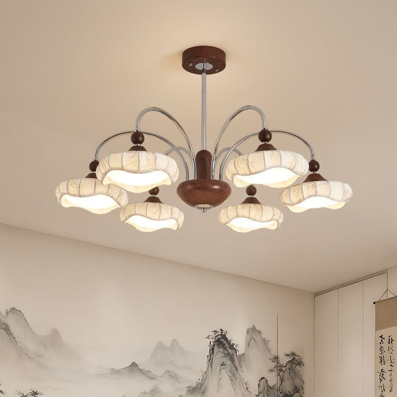 客厅灯中古风餐厅灯宋代美学胡桃色法式复古布艺印花卧室床头吊灯