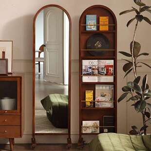 中古实木全身镜可移动落地法式复古收纳杂志书架一体旋转穿衣镜子