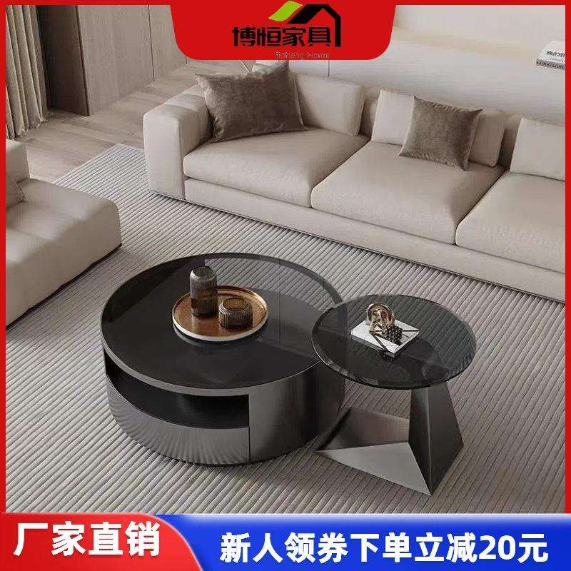 意式轻奢极简圆形大小组合茶几现代简约设计师高级家用带抽屉茶几