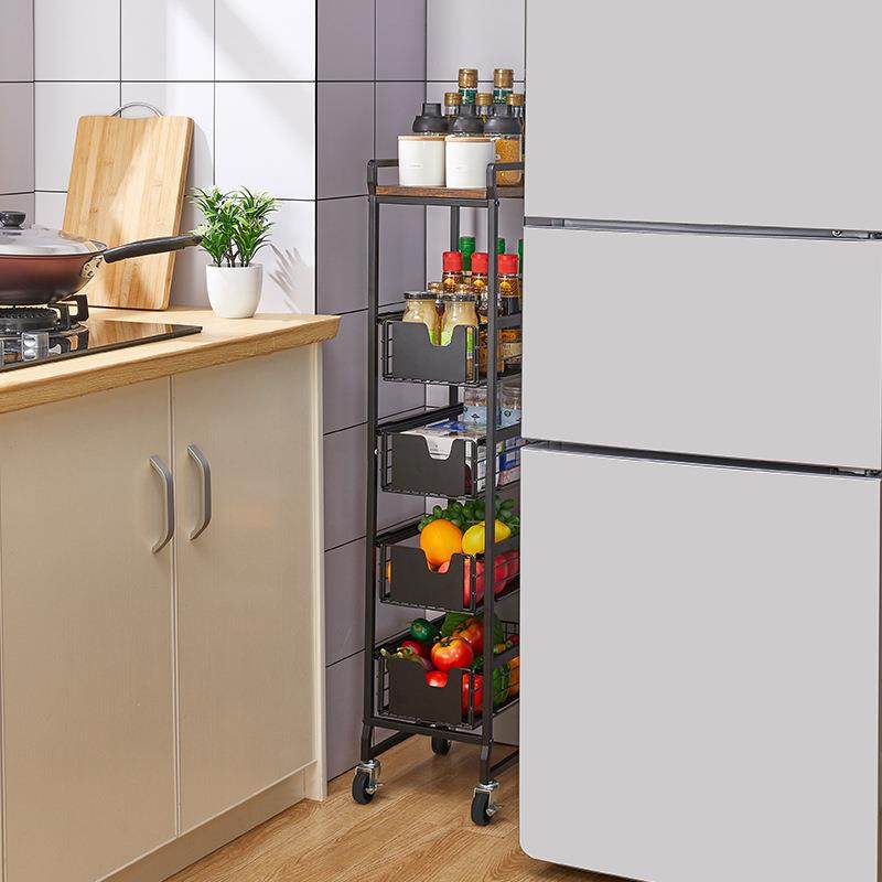 抽屉式厨房夹缝置物架冰箱旁缝隙水果蔬菜篮落地式收纳架子可移动