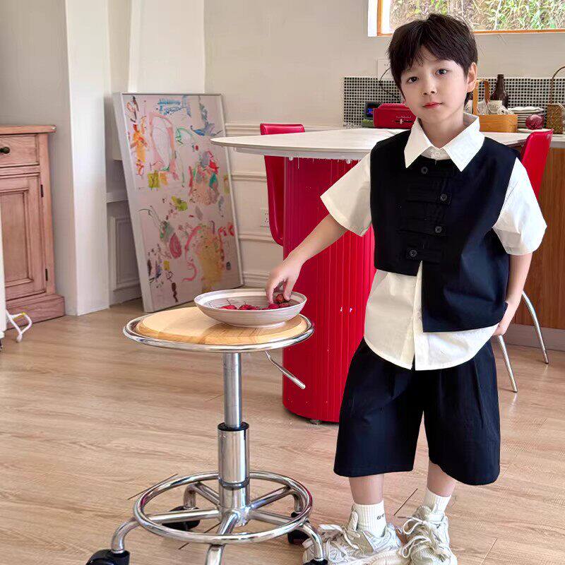 男大童夏装时髦酷帅西装背心衬衫套装酷帅夏季男孩演出礼服三件套