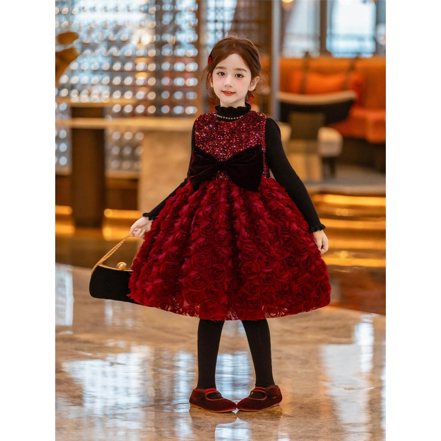 英国NextElsa女童冬款裙子2025女孩红色蓬蓬连衣裙亮片公主礼服裙
