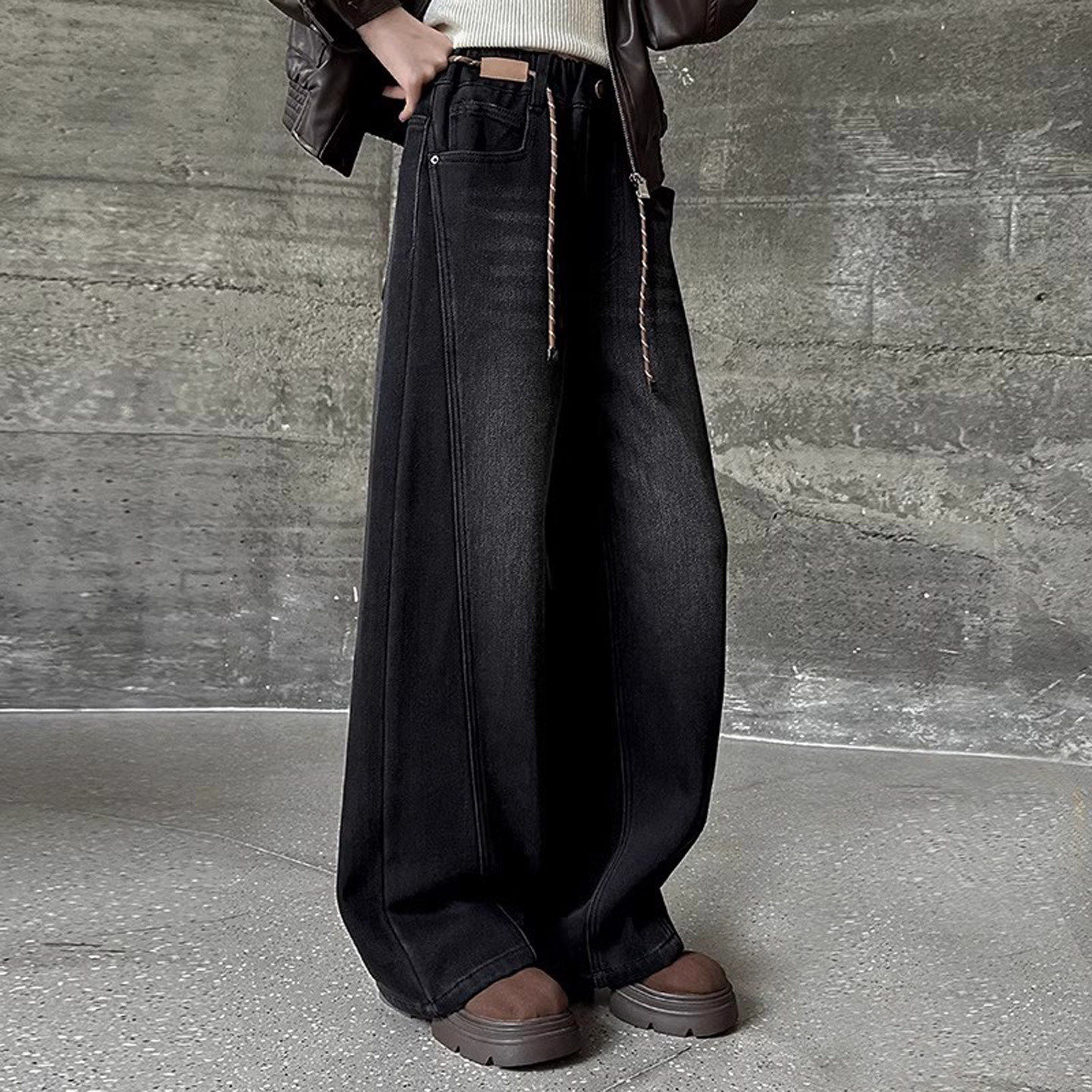 法国Uamtor女大童阔腿牛仔裤春秋黑灰色休闲加绒香蕉裤初中生裤子