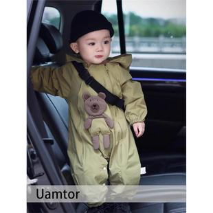 韩国Uamtor男童连体衣秋冬新款卡通小熊连帽冲锋衣婴儿外出服哈衣