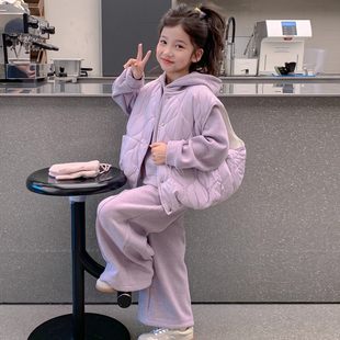 法国Uamtor女童秋冬套装2025新款冬季加绒加厚卫衣棉袄马甲三件套