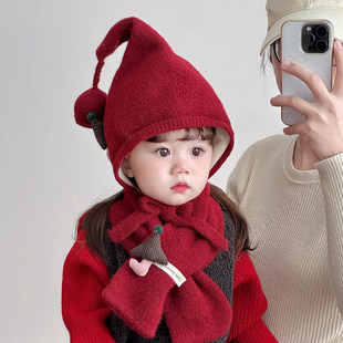 韩国Uamtor宝宝秋冬帽子可爱加厚护耳红色毛线套头围巾两件套新年