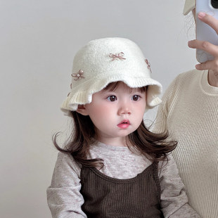 韩国Uamtor女宝宝帽子冬季婴儿公主帽蝴蝶结渔夫帽保暖针织毛线帽