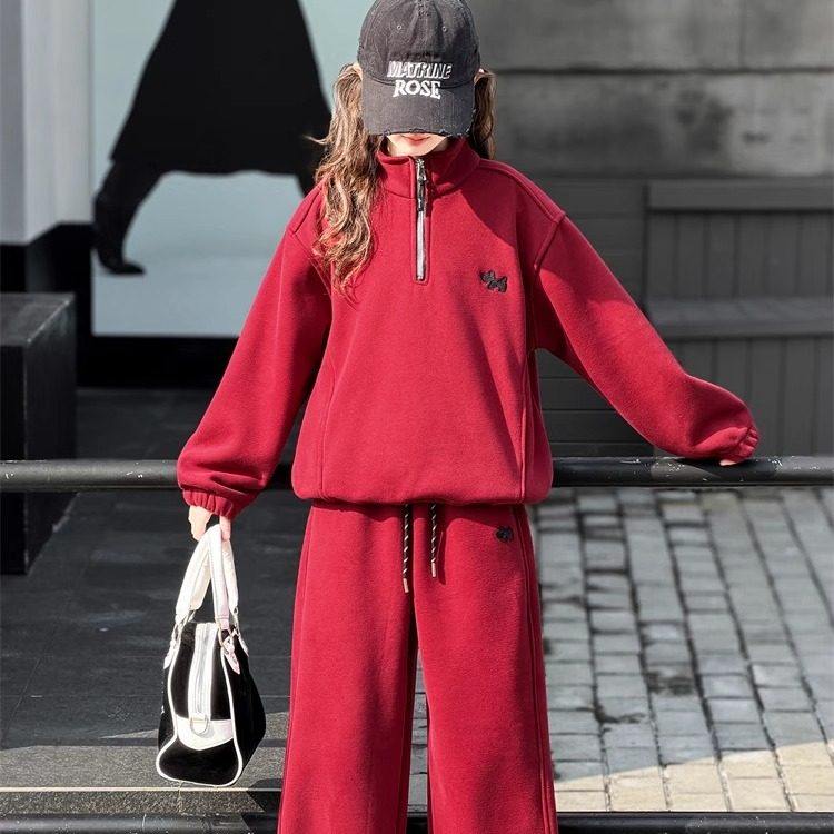 英国DGKP2025秋冬季新款女童加绒运动红色卫衣阔腿裤套装儿童年服,童装/婴儿装/亲子装,套装,淘宝优惠券,粉丝福利购,淘宝优惠卷