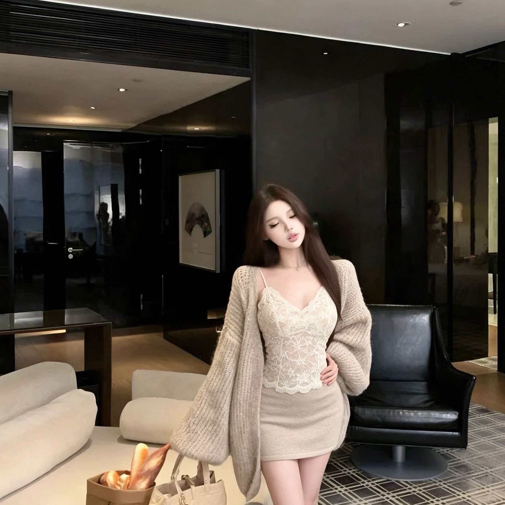 妍熙YANSEE吊带背心+毛衣开衫+半身裙三件套套装(半裙有安全裤)