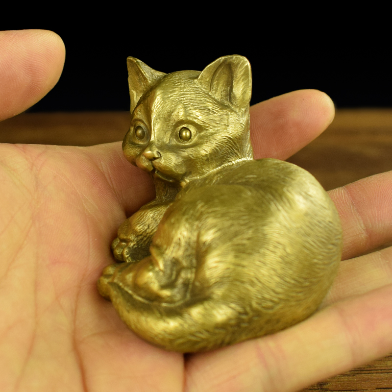 黄铜紫铜实心可爱小猫办公室书房客厅桌面摆件猫咪文房镇纸笔架