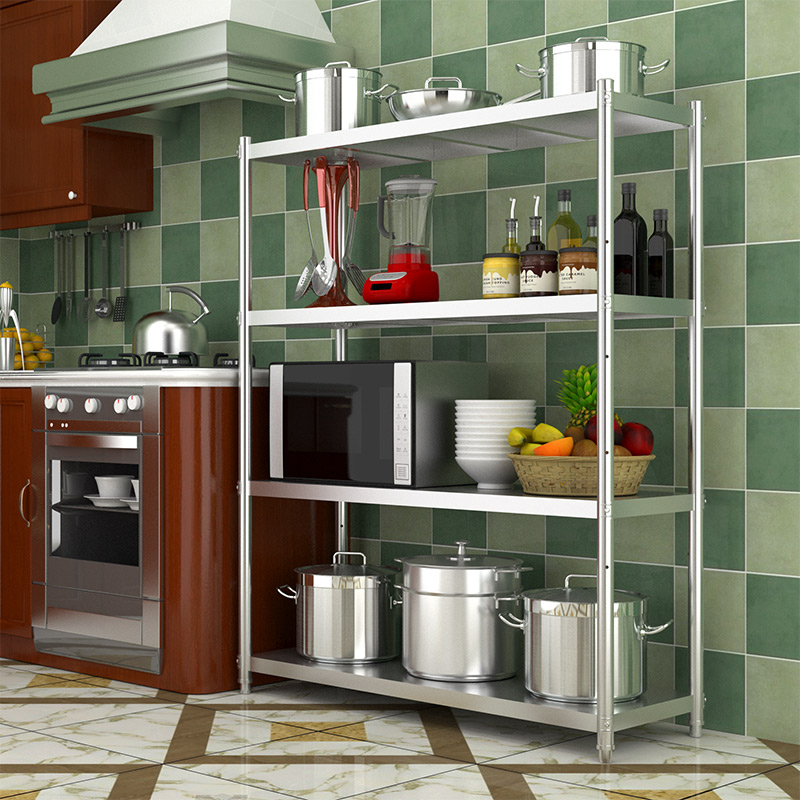不锈钢厨房置物架落地多层微波炉烤箱放锅储物架子货架四层收纳架