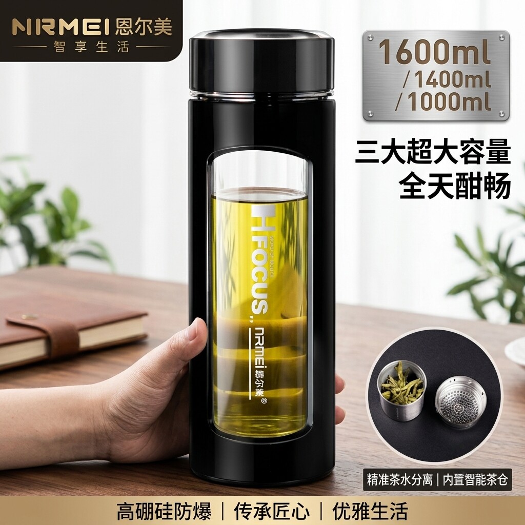 恩尔美水杯大容量耐热玻璃杯防爆耐高温防摔过滤茶杯男士个人专用