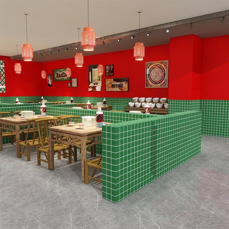 复古绿色墙纸商用餐饮店专用格子壁纸自粘小吃早餐店防水防潮墙贴