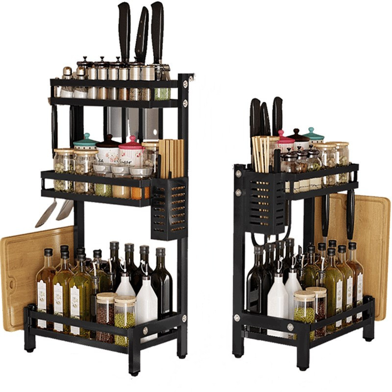 不锈钢厨房置物架黑色调味品调料架落地多层刀架油盐酱醋收纳架子