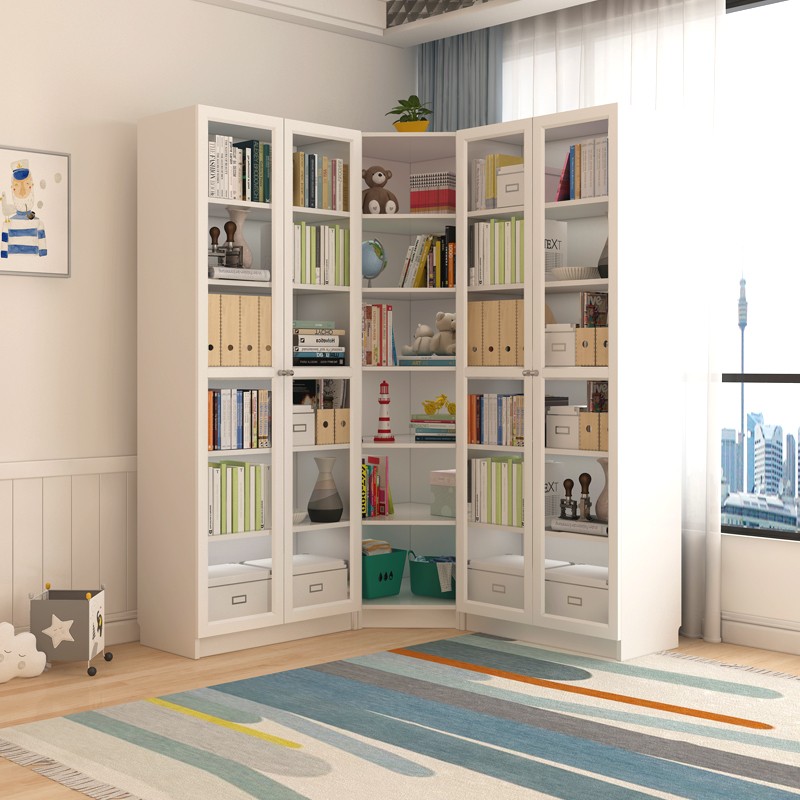可比熊实木儿童书柜书橱带门玻璃门学生书架简约落地家用靠墙定制