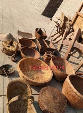 民俗老物件老风车木犁旧木耙老木桶盆簸箕簸箩老风箱木斗农耕农具