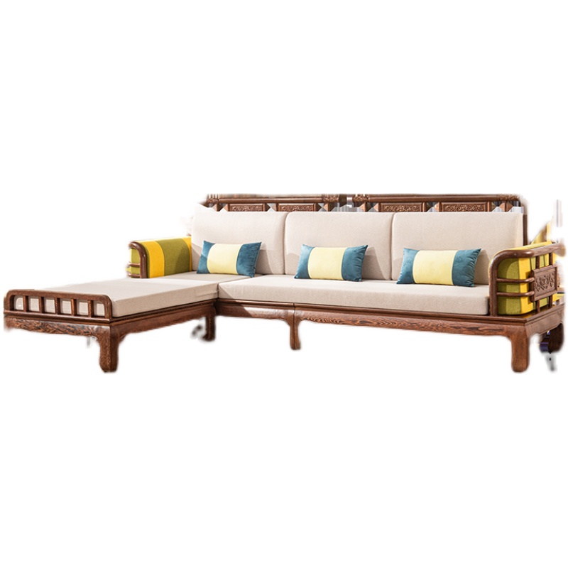 红木雕花鸡翅木新中式贵妃转角沙发大小户型组合实木客厅家具布艺