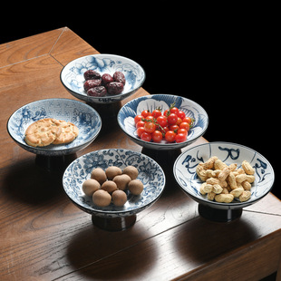 青花瓷果盘日式 茶点盘创意新品 家用陶瓷高脚点心盘小号干果坚果