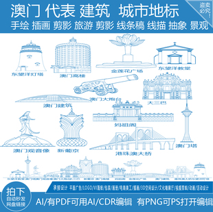 澳门粤港澳大湾区城市景点地平天际线描稿建筑插画旅游地标志素材