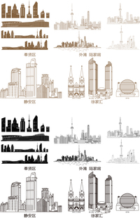 上海奉贤静安徐家汇陆家嘴城市旅游天际线条描稿地标建筑景点素材