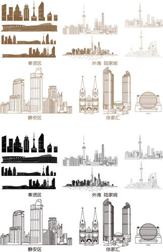 上海奉贤静安徐家汇陆家嘴城市旅游天际线条描稿地标建筑景点素材