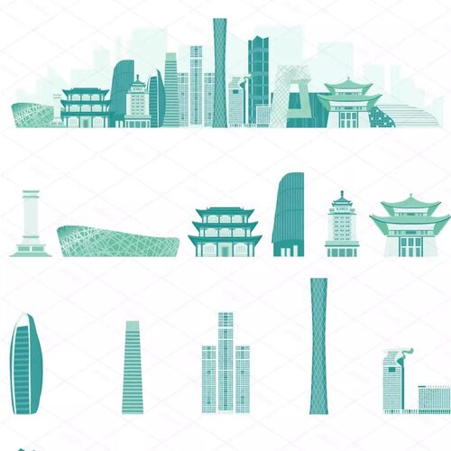 北京建筑城市地标志天际线条线描稿手绘设计插画景点剪影旅游素材