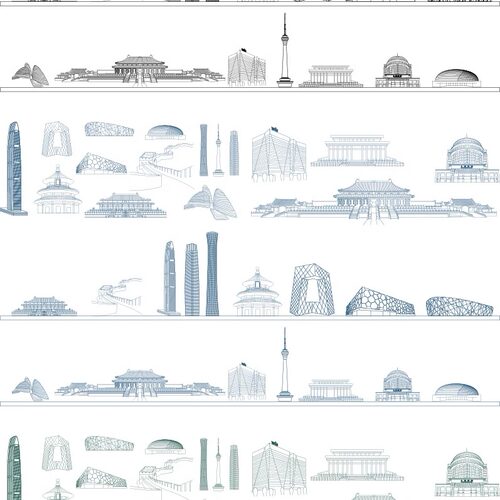 北京建筑城市地标志天际线条线描稿插画旅游剪影景点手绘设计素材