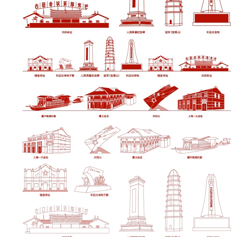 延安长征红色城市瑞金井冈山古田遵义一大会议南湖红船革命元素材