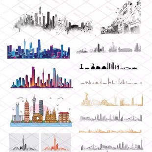 广州大湾区粤港澳珠三角剪影建筑城市天际地标线条描景点旅游素材