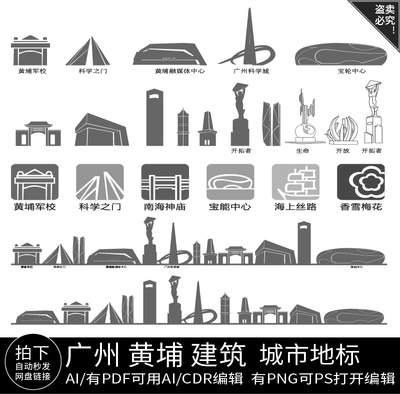 广州地标黄埔插画手绘景点广东剪影大湾区建筑城市天际线条描素材