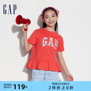 T恤上衣465954 纯棉花卉logo荷叶边下摆短袖 新款 Gap女童2024夏季