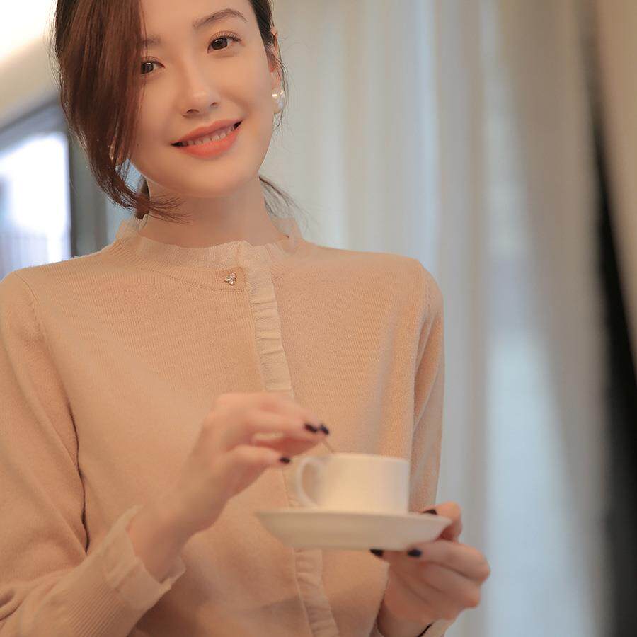 法式温柔气质感钻扣欧根纱针织开衫装饰蕾丝花边温柔奶昔春秋外套
