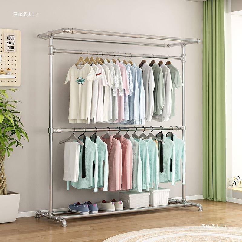 镀锌钢管防锈双层落地衣架家用可配防尘罩钢架可拆卸简易衣柜架子